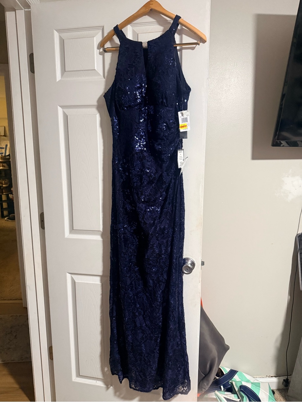 Betsy & Adam Navy Sequin Halter Maxi Dress